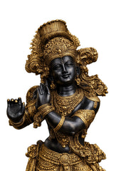 Lord Krishna brass idol close-up with ornate crown and flute near lips; gold detailing