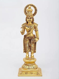 Brass Dashavatara statue, upright stance, halo, layered necklaces, and one hand raised in blessing.