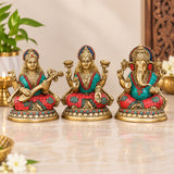 Brass Ganesha Laxmi Saraswati Idol Set | Hindu God Statues for Home Temple, Pooja Room, Office Décor & Diwali Gifting (Height: 8 Inches)