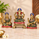 Brass Lakshmi Ganesh Saraswati Statue Set – Hindu Deity Idols for Wealth, Wisdom & Good Fortune (Height: 6 Inches)