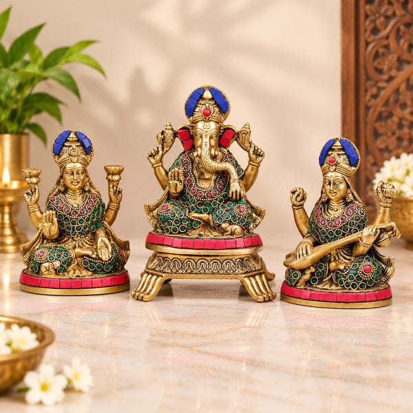 Brass Lakshmi Ganesh Saraswati Statue Set – Hindu Deity Idols for Wealth, Wisdom & Good Fortune (Height: 6 Inches)