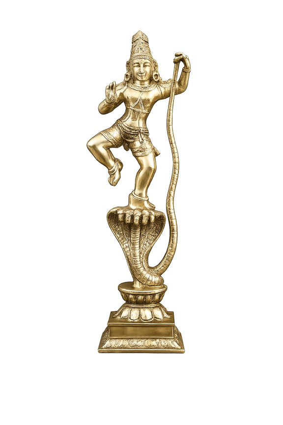 AONA Brass Lord Krishna Idol Standing on Sheshnag with Fine Golden Finish