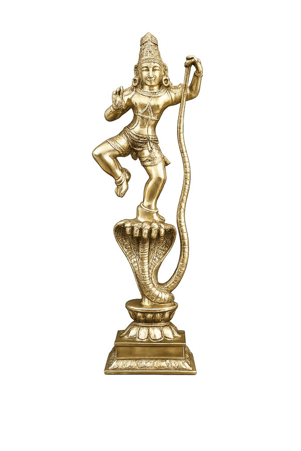 Brass Lord Krishna Idol Standing on Sheshnag with Fine Golden Finish (Height: 29.5 Inches)