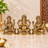 Lakshmi Ganesh Saraswati Brass Statues – Hindu Deity Idols for Good Luck, Wealth, Wisdom & Arts – Laxmi Ganesh Saraswati Murti for Temple, Mandir & Home Décor (Height: 6 Inches)