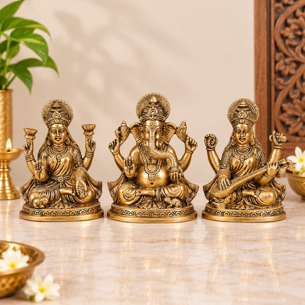 Lakshmi Ganesh Saraswati Brass Statues – Hindu Deity Idols for Good Luck, Wealth, Wisdom & Arts – Laxmi Ganesh Saraswati Murti for Temple, Mandir & Home Décor (Height: 6 Inches)