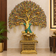 Kalpvriksha brass tree decor on ornate base, green enamel trunk, multicolor beaded branches