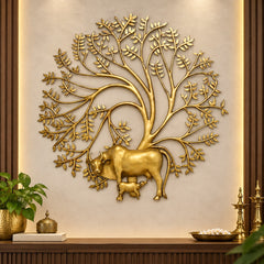 Brass cow and calf wall hanging with tree branches, decorative home wall art