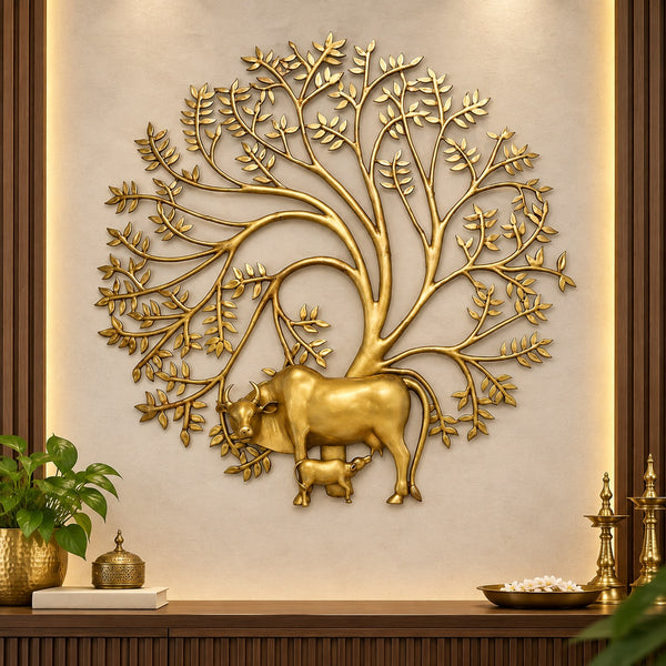 Brass Cow & Calf with Kalpvriksha Tree Wall Hanging | Decorative Wall Art for Home & Office Décor (Height: 44.8 Inches)