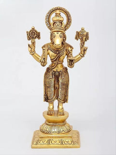 Brass Dashavatara sculpture front view, four-armed pose with halo and finely engraved base.