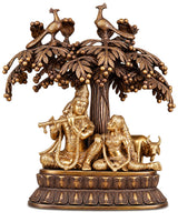 Brass Radha Krishna with Cow & Tree Wall Art | Traditional Decorative Wall Hanging for Home & Pooja Décor (Height: 24 Inches)