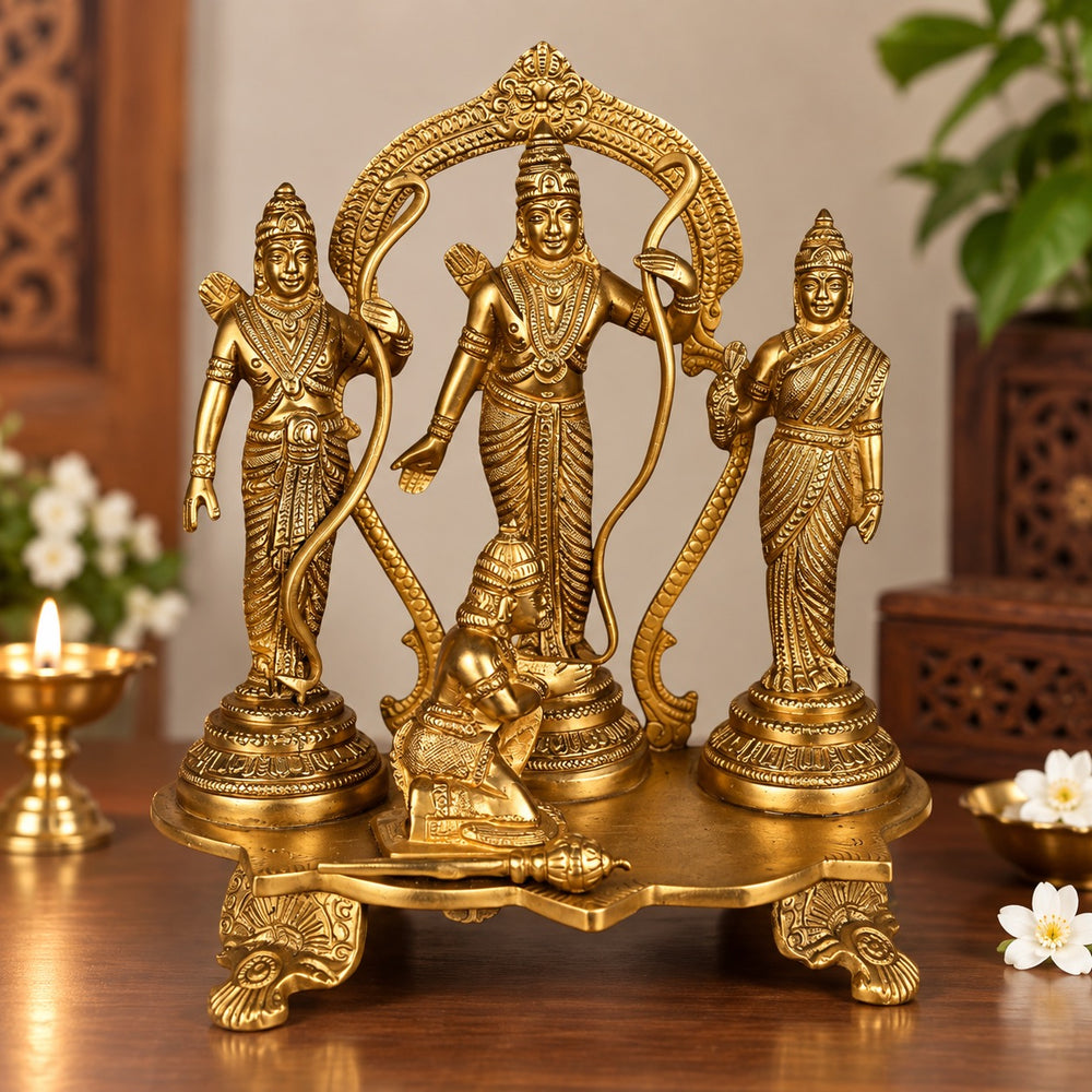 Brass Ram Darbar Statue – Lord Rama, Sita, Lakshmana & Hanuman | Traditional Hindu Deity Sculpture for Home Temple & Pooja Décor (Height: 7.5 Inches)