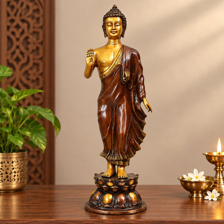 Brass Standing Buddha Idol – Blessing Pose | Elegant Buddhist Statue for Home, Office & Spiritual Décor (Height: 22 Inches)