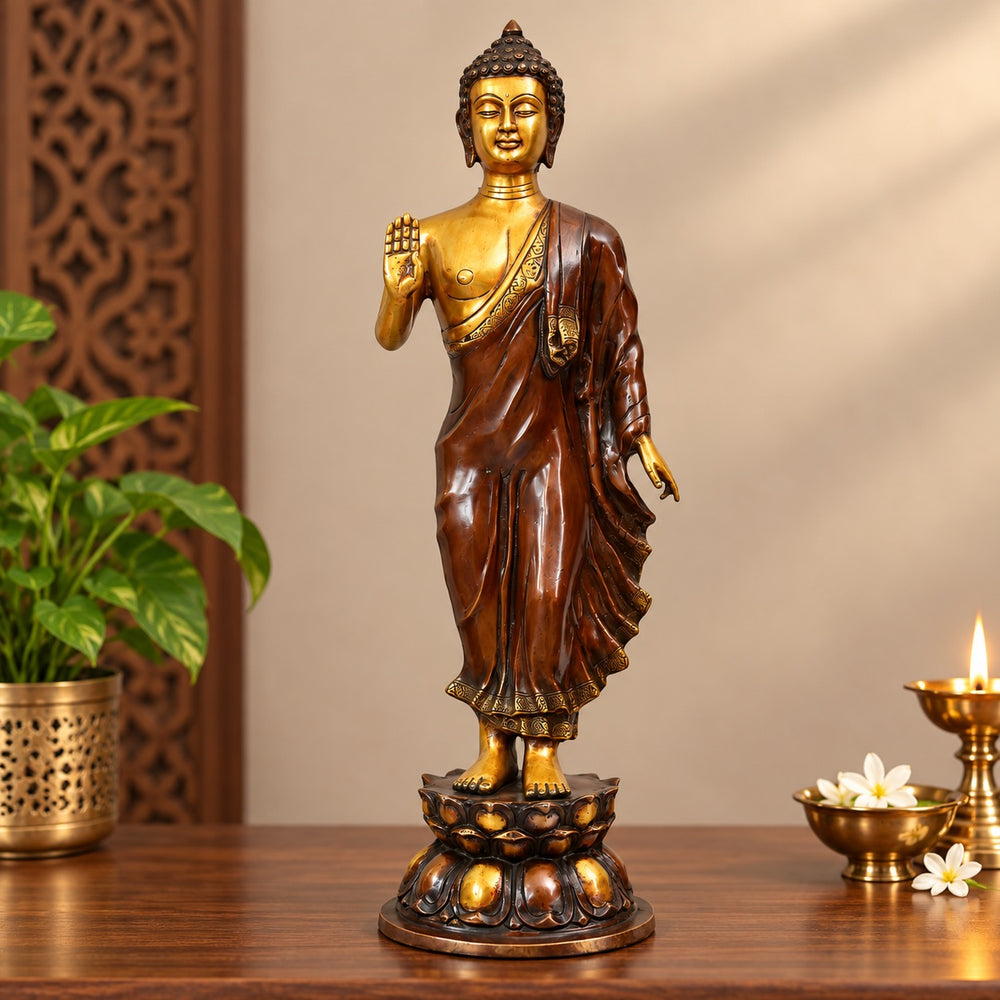 Brass Standing Buddha Idol – Blessing Pose | Elegant Buddhist Statue for Home, Office & Spiritual Décor (Height: 22 Inches)