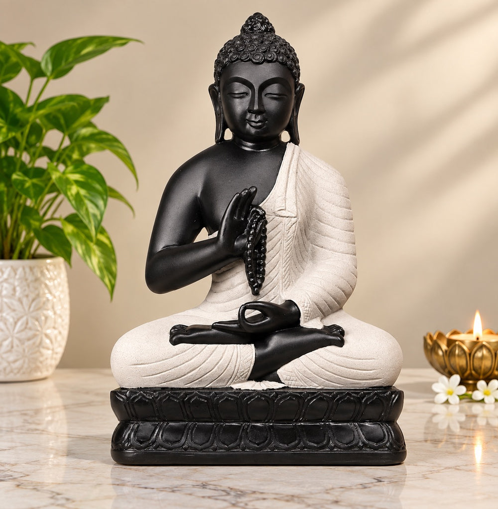 Polyresin Meditating Monk Buddha Idol for Home Décor | Black & Off-White Buddha Statue for Peace & Serenity (Height: 18 Inches)