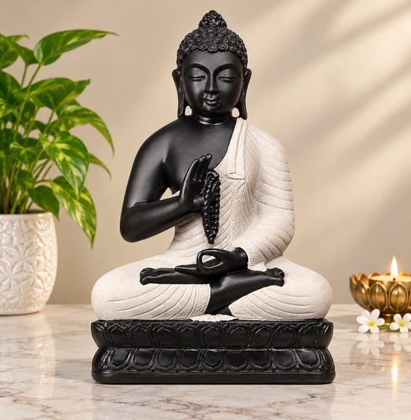 Polyresin Meditating Monk Buddha Idol for Home Décor | Black & Off-White Buddha Statue for Peace & Serenity (Height: 18 Inches)