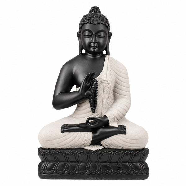 Polyresin Meditating Monk Buddha Idol for Home Décor | Black & Off-White Buddha Statue for Peace & Serenity (Height: 18 Inches) Entryway Setting