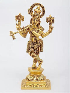 Brass Vishnu multi-armed sculpture standing on ornate pedestal