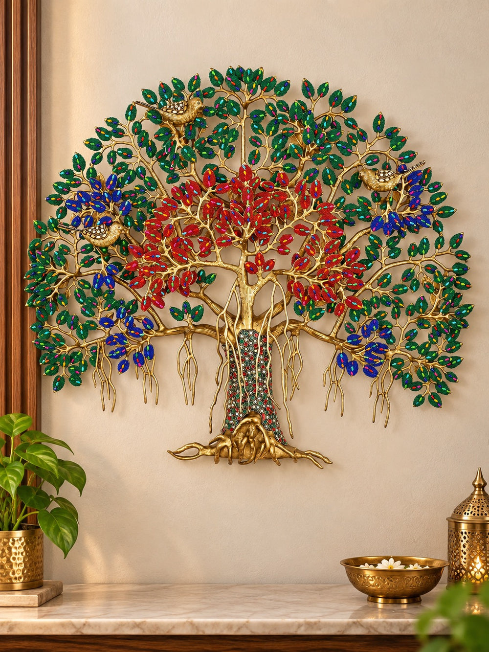 Brass Handcrafted Kalpavriksha Tree Statue with Detailed Inlay Work (Height: 24.41 Inches)