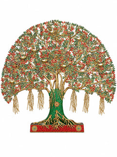 Kalpavriksha tree statue with green trunk, multicolor beadwork leaves, brass branches