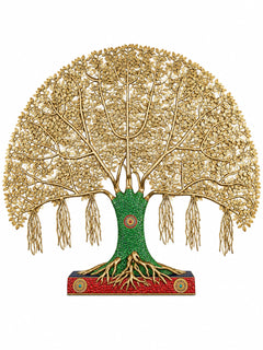 Kalpavriksha tree statue with gold filigree branches, green trunk, red base