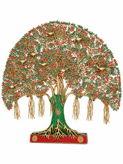 Kalpavriksha tree statue with green trunk, multicolor beadwork foliage, brass base