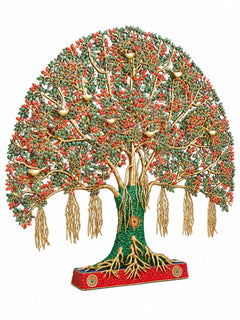 Kalpavriksha tree statue with green trunk, dense multicolor beadwork canopy, brass roots