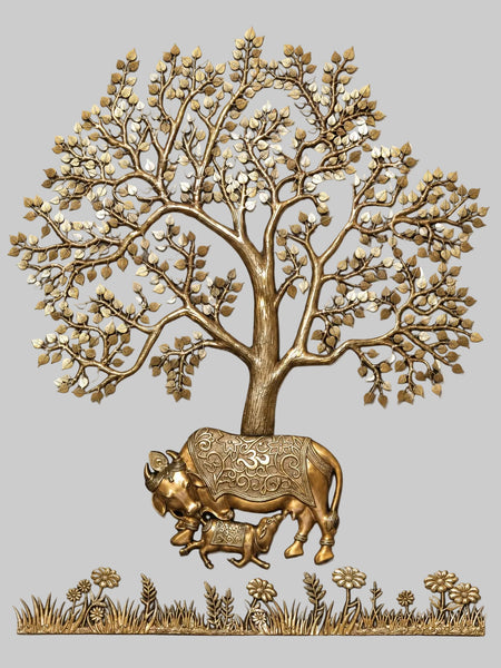 Decorative Brass Calf Under Tree Sculpture (Height: 74 Inches)