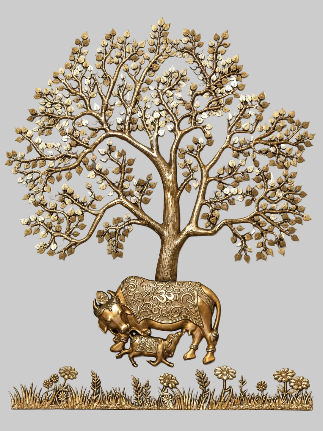 Brass decorative calf with sprawling tree branches sculpture, ornate base and detail