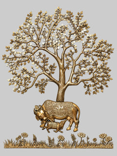 Brass decorative calf with sprawling tree branches sculpture, ornate base and detail