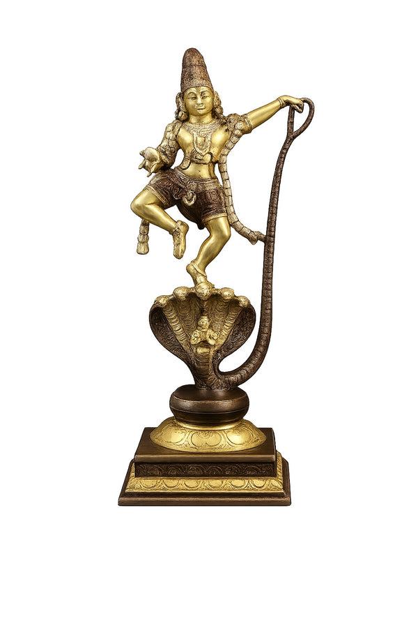 Handcrafted Brass Krishna Dance on Sheshnag Sculpture with Copper & Golden Finish (Height: 21 Inches)