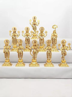 Brass Dashavatara set of ten figurines with central tall Vishnu on base