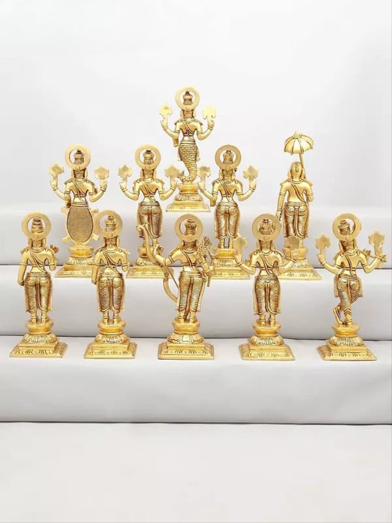 Brass Dashavatara of Lord Vishnu Sculpture | Set of Ten (Height 12 Inches)