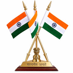 Brass triple flag stand with three Indian flags and Hindi inscription on base