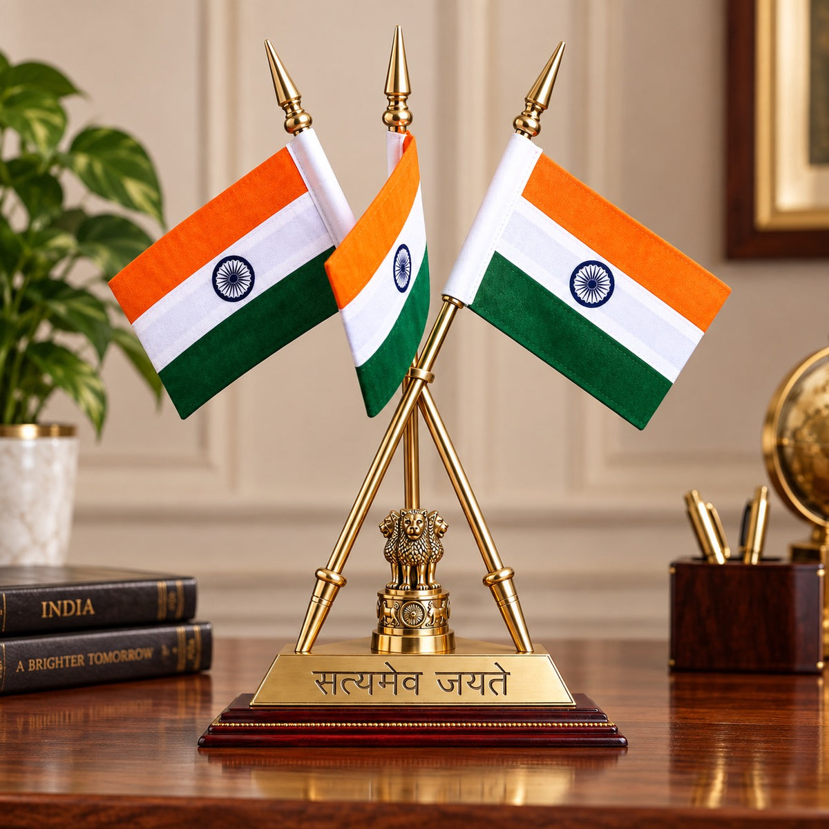 Brass triple flag stand with three Indian national flags and engraved base plaque