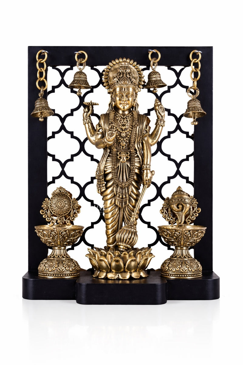 AONA Brass Lord Vishnu Idol with Shankh–Chakra Diyas & Hanging Bells 