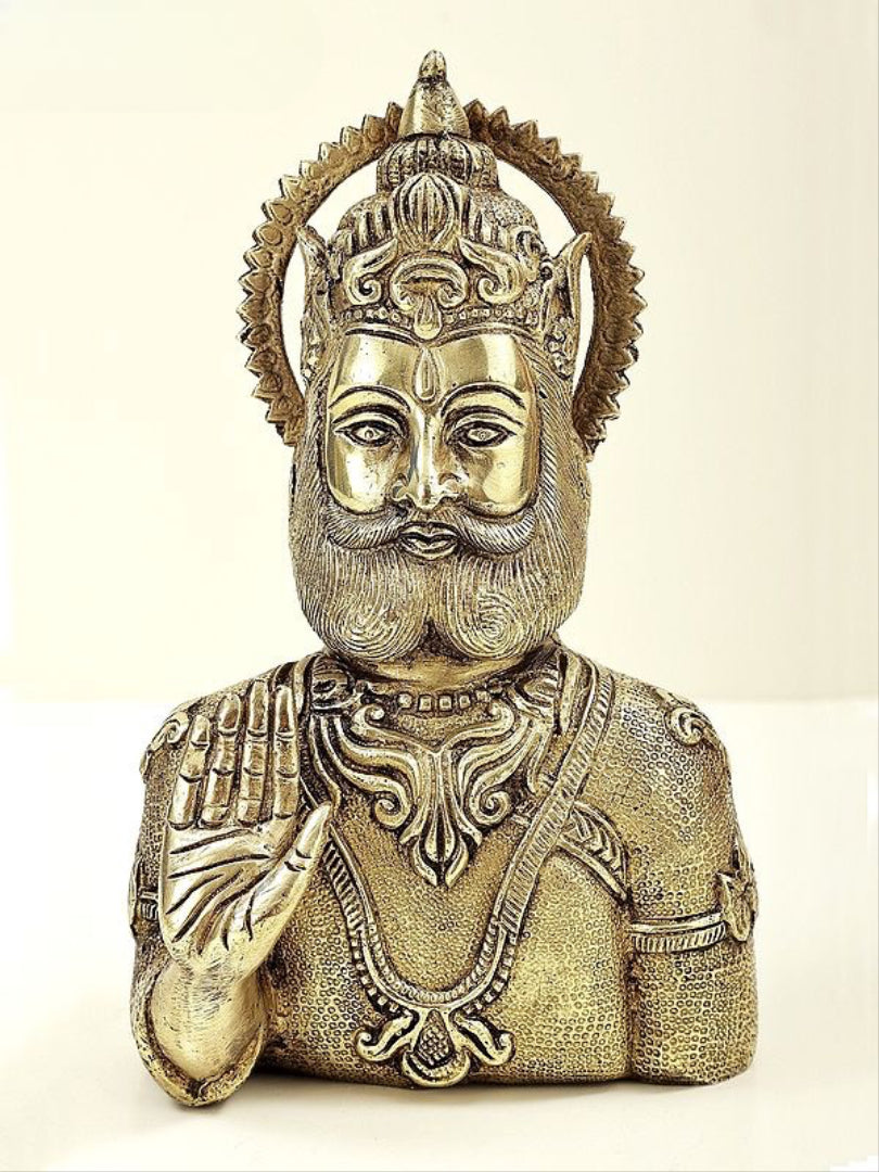Brass Maharaja Agrasen bust statue, 8-inch height, folded hands in blessing pose