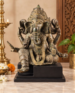 Bronze Antique-Style Indonesian Three-Faced Ganesha Idol (Height: 12 Inches)