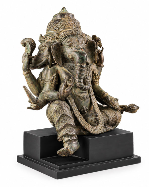Bronze Antique-Style Indonesian Three-Faced Ganesha Idol (Height: 12 Inches) Study Setting