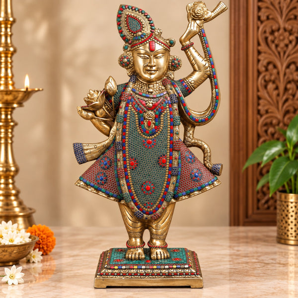 Exquisite Brass Shreenathji Idol with Intricate Stonework & Gold Finish (Height: 31.5 Inches)