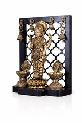Brass Vishnu idol with diya lamps and hanging bell set on stand, 12 in