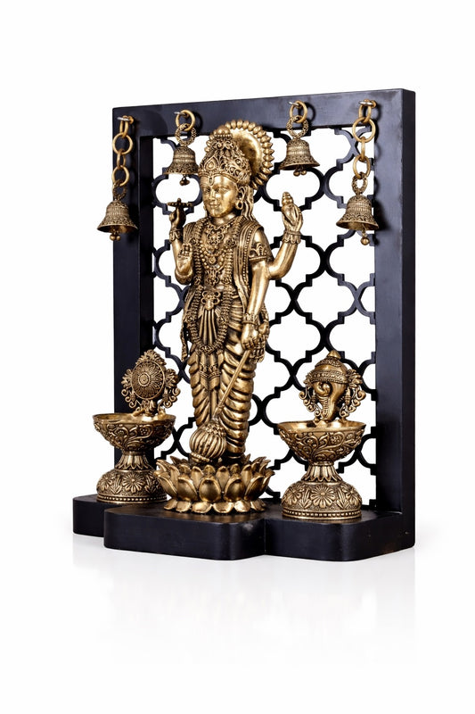 Brass Lord Vishnu Idol with Shankh–Chakra Diyas & Hanging Bells (Height :12 Inches)