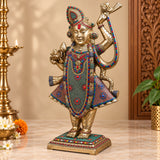Exquisite Brass Shreenathji Idol with Intricate Stonework & Gold Finish (Height: 31.5 Inches)
