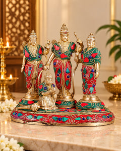 Pure Brass Ram Darbar Idol Set | Floral Stonework | Handcrafted Ram Darbar Statues (Height:7 Inches)