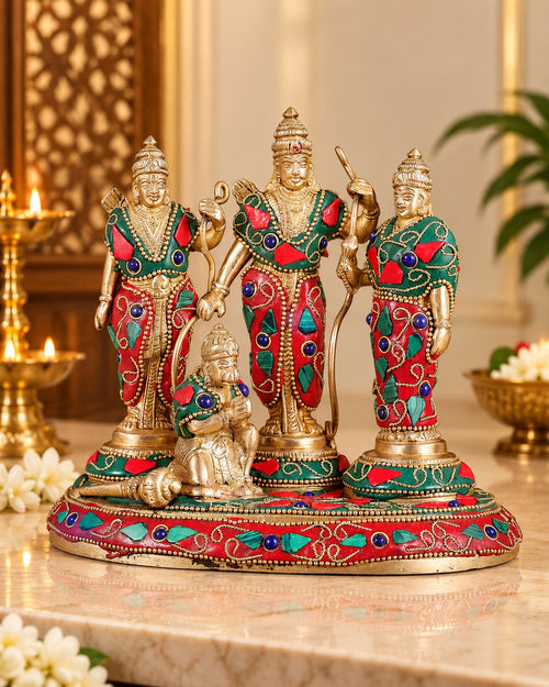 Pure Brass Ram Darbar Idol Set | Floral Stonework | Handcrafted Ram Darbar Statues (Height:7 Inches)