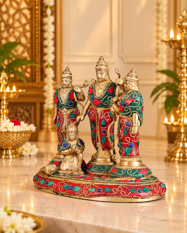 Pure Brass Ram Darbar Idol Set | Floral Stonework | Handcrafted Ram Darbar Statues (Height:7 Inches) Study Setting