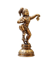 Brass Bala Krishna dancing figurine, ornamented chest and spiral hair