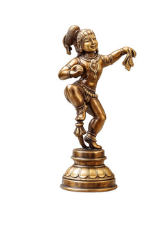 Brass Bala Krishna dancing figurine, ornamented chest and spiral hair