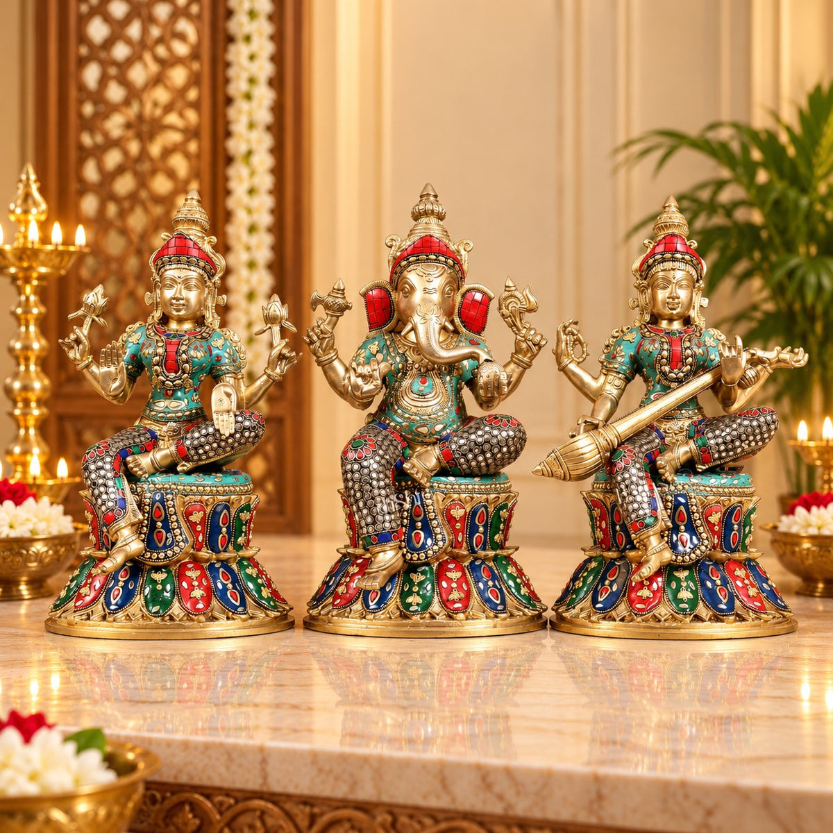 Brass Ganesha, Lakshmi & Saraswati Idol Set on Lotus Base | Handcrafted Divine Trio (Height: 15 Inches)