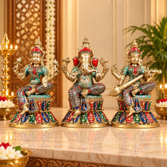 Brass Ganesha, Lakshmi & Saraswati Idol Set on Lotus Base | Handcrafted Divine Trio (Height: 15 Inches)