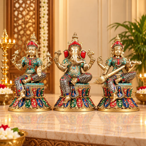 Brass Ganesha, Lakshmi & Saraswati Idol Set on Lotus Base | Handcrafted Divine Trio (Height: 15 Inches)